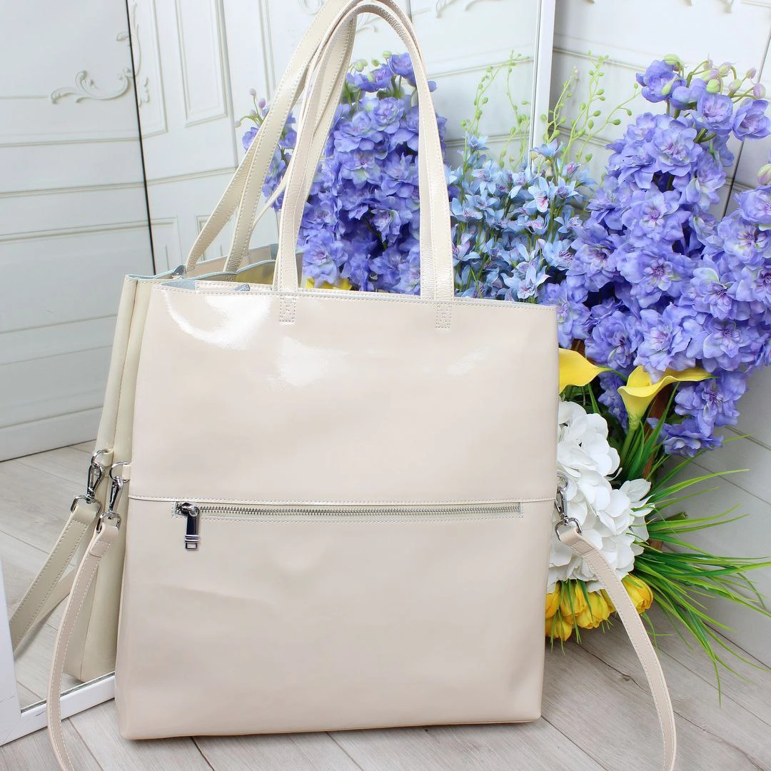 Жіноча молочна сумка-шопер з шкіри для шопінгу та міста